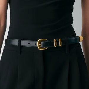 Aritzia Black Leather Belt with Gold Buckle